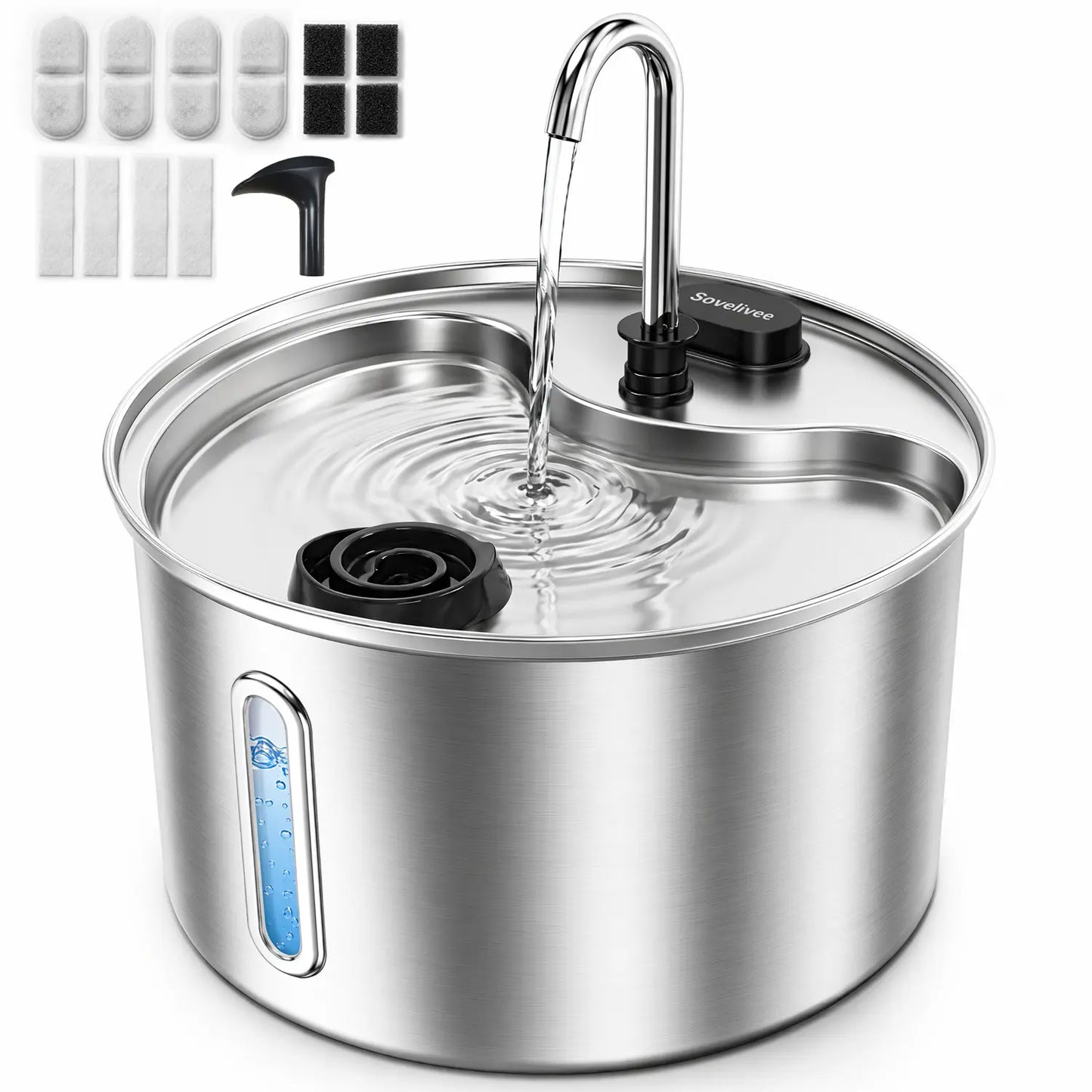 Elevate Your Pet's Hydration with the Sovelivee 3.5L Stainless Steel Water Fountain - Dual Flow Dispenser for Cats & Small Dogs with Low-Water Alert and Easy Maintenance