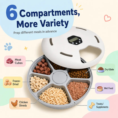 Revolutionize Mealtime with the 6-Meal Timed Automatic Cat Feeder - Indoor Detachable Rotating Food Dispenser for Cats and Small Dogs, Complete with Ice Packs and Battery Power!