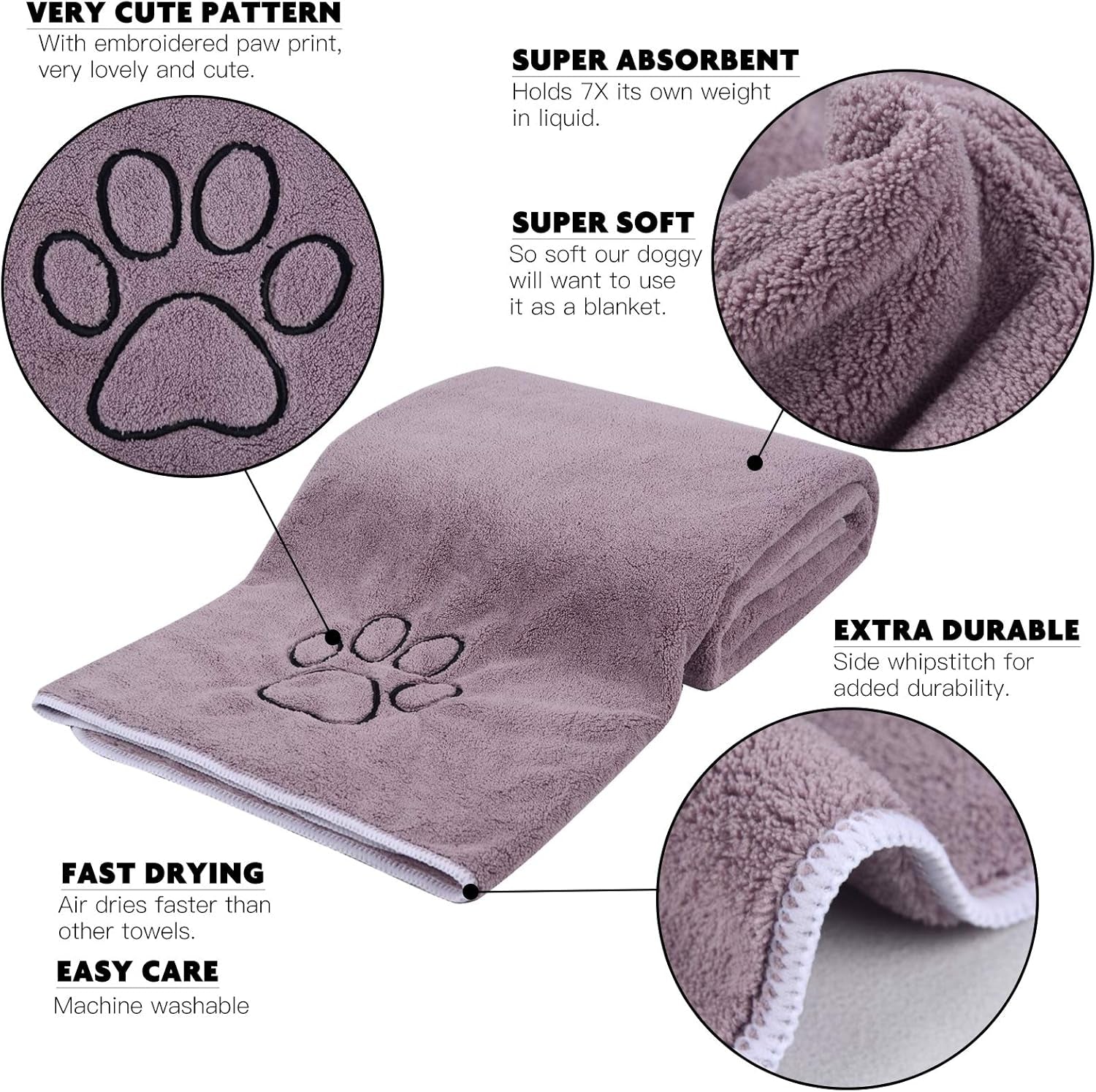 Ultra-Absorbent Microfiber Dog Towel - Quick Dry Pet Bath Towel for Dogs & Cats in Purple | Large 30x50 Inch Size with Adorable Paw Print Design