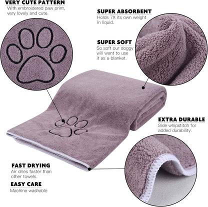 Ultra-Absorbent Microfiber Dog Towel - Quick Dry Pet Bath Towel for Dogs & Cats in Purple | Large 30x50 Inch Size with Adorable Paw Print Design