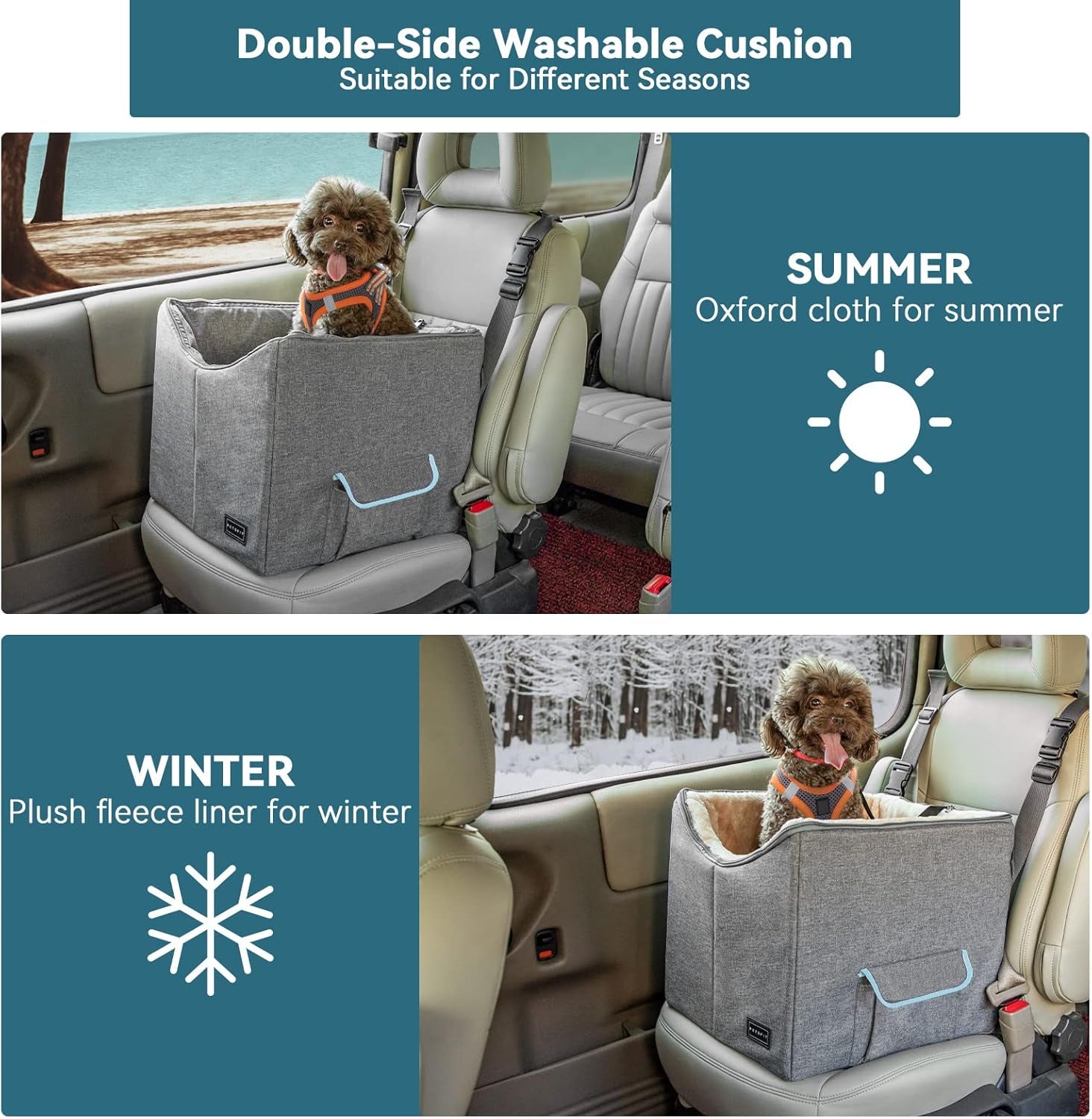 Comfort and Safety Combined: Small Dog Car Seat with Adjustable Safety Belt, Washable Double-Sided Cushion, and Convenient Storage Pocket in Light Grey