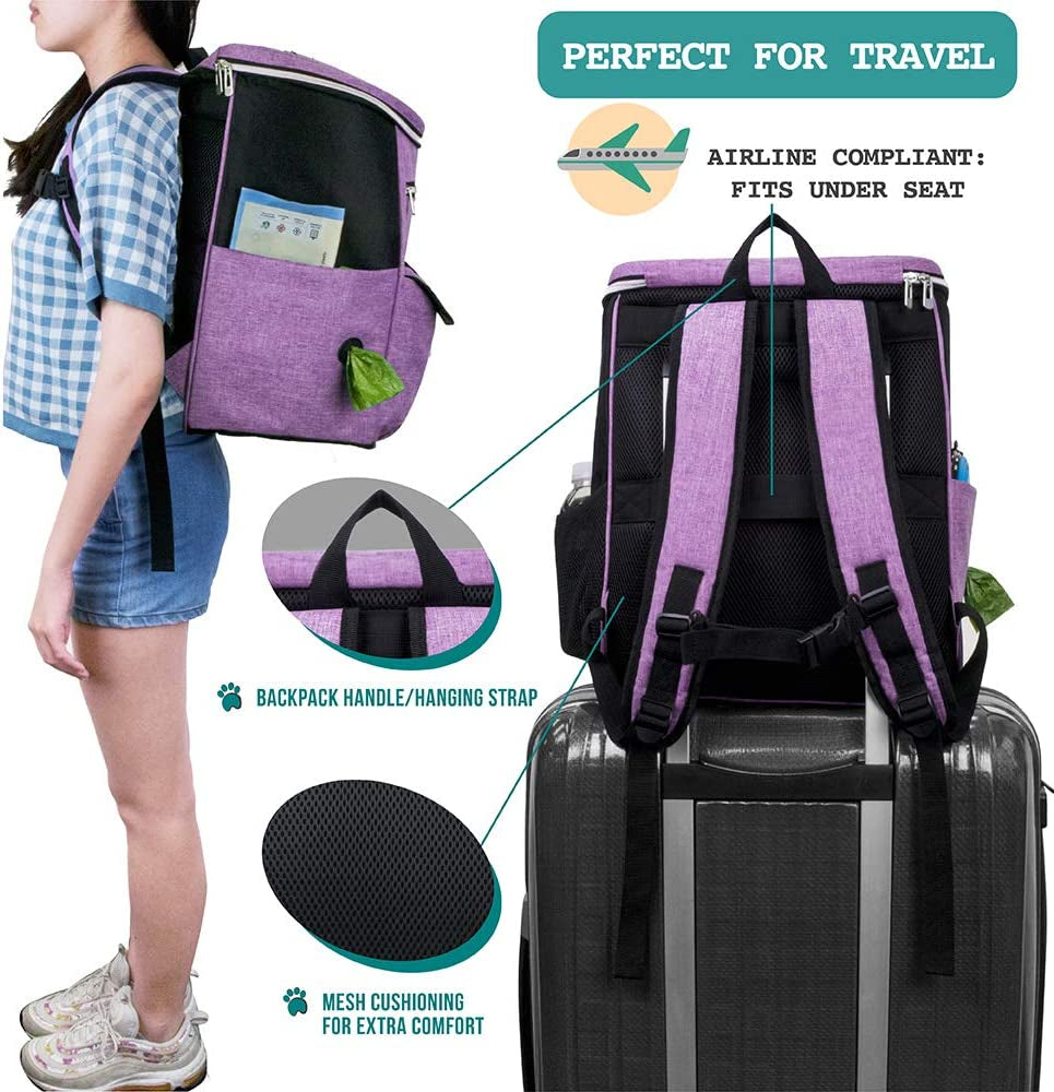 Ultimate Dog Travel Backpack: Airline Approved 27L Organizer with Food Containers, Collapsible Bowls & Poop Bag Dispenser - Perfect for Road Trips, Camping & Hiking - Stylish Purple Design for Pet Parents