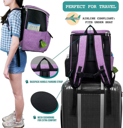 Ultimate Dog Travel Backpack: Airline Approved 27L Organizer with Food Containers, Collapsible Bowls & Poop Bag Dispenser - Perfect for Road Trips, Camping & Hiking - Stylish Purple Design for Pet Parents