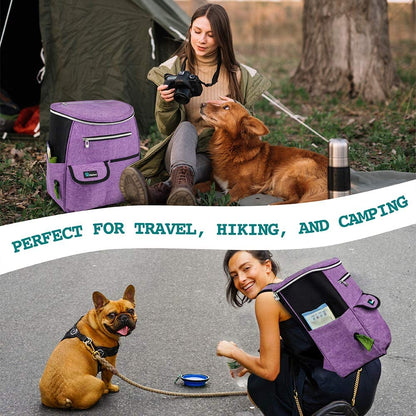 Ultimate Dog Travel Backpack: Airline Approved 27L Organizer with Food Containers, Collapsible Bowls & Poop Bag Dispenser - Perfect for Road Trips, Camping & Hiking - Stylish Purple Design for Pet Parents