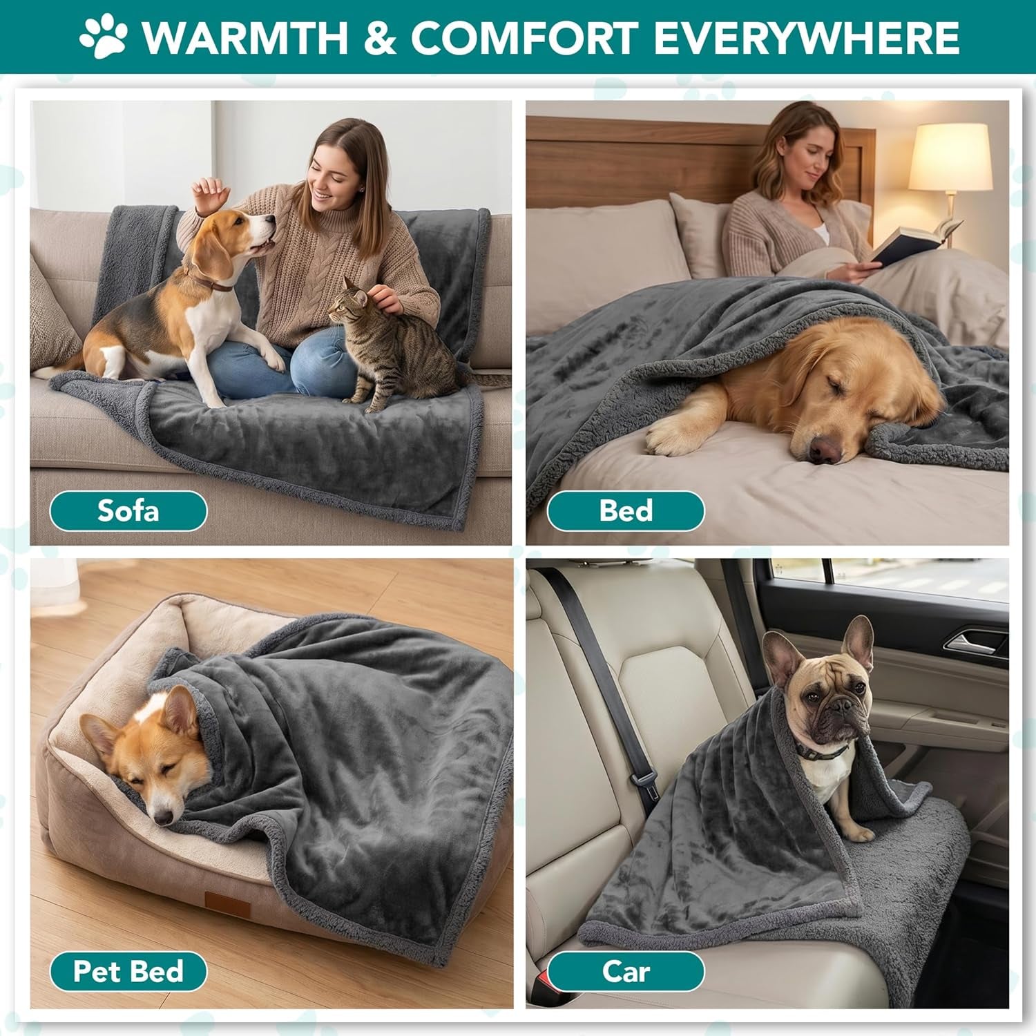 Luxurious Reversible Dog Blanket for Medium to Large Pets - Soft Sherpa Fleece Throw for Couches, Beds, and Car Seats - Machine Washable, 80" x 60", Solid Dark Gray