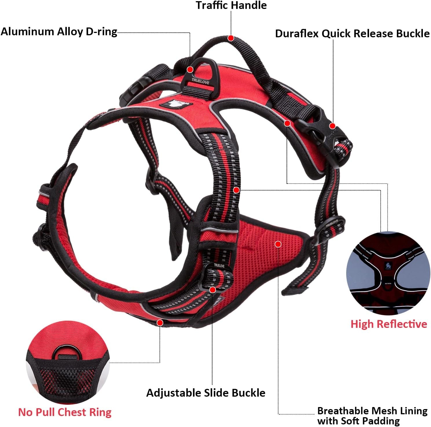 Truelove TLH5651 Adjustable No-Pull Dog Harness - Reflective, Comfortable, and Stylish for Large Breeds in Gray