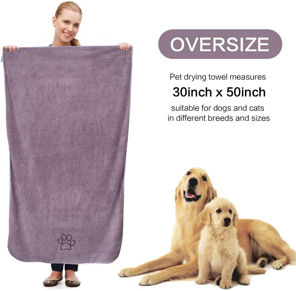 Ultra-Absorbent Microfiber Dog Towel - Quick Dry Pet Bath Towel for Dogs & Cats in Purple | Large 30x50 Inch Size with Adorable Paw Print Design