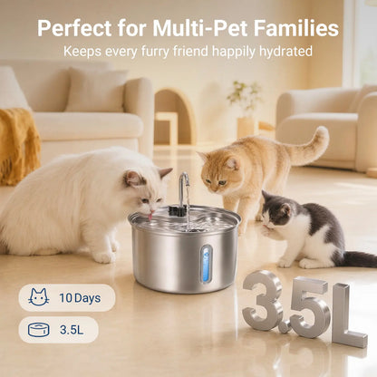 Elevate Your Pet's Hydration with the Sovelivee 3.5L Stainless Steel Water Fountain - Dual Flow Dispenser for Cats & Small Dogs with Low-Water Alert and Easy Maintenance