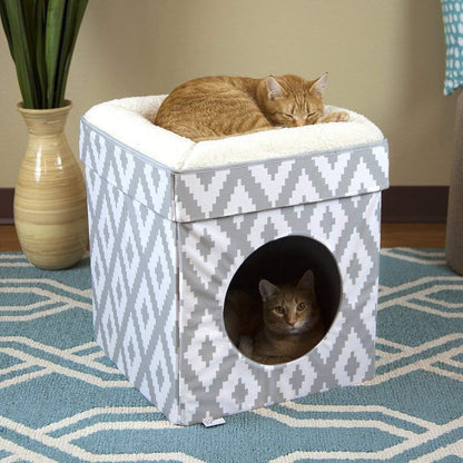 Cozy Indoor Cat Cube Furniture - Stylish White & Gray Cat Hideaway