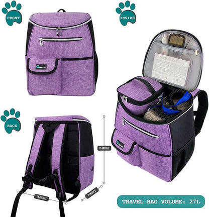 Ultimate Dog Travel Backpack: Airline Approved 27L Organizer with Food Containers, Collapsible Bowls & Poop Bag Dispenser - Perfect for Road Trips, Camping & Hiking - Stylish Purple Design for Pet Parents