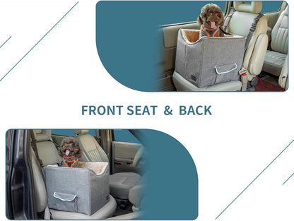 Comfort and Safety Combined: Small Dog Car Seat with Adjustable Safety Belt, Washable Double-Sided Cushion, and Convenient Storage Pocket in Light Grey