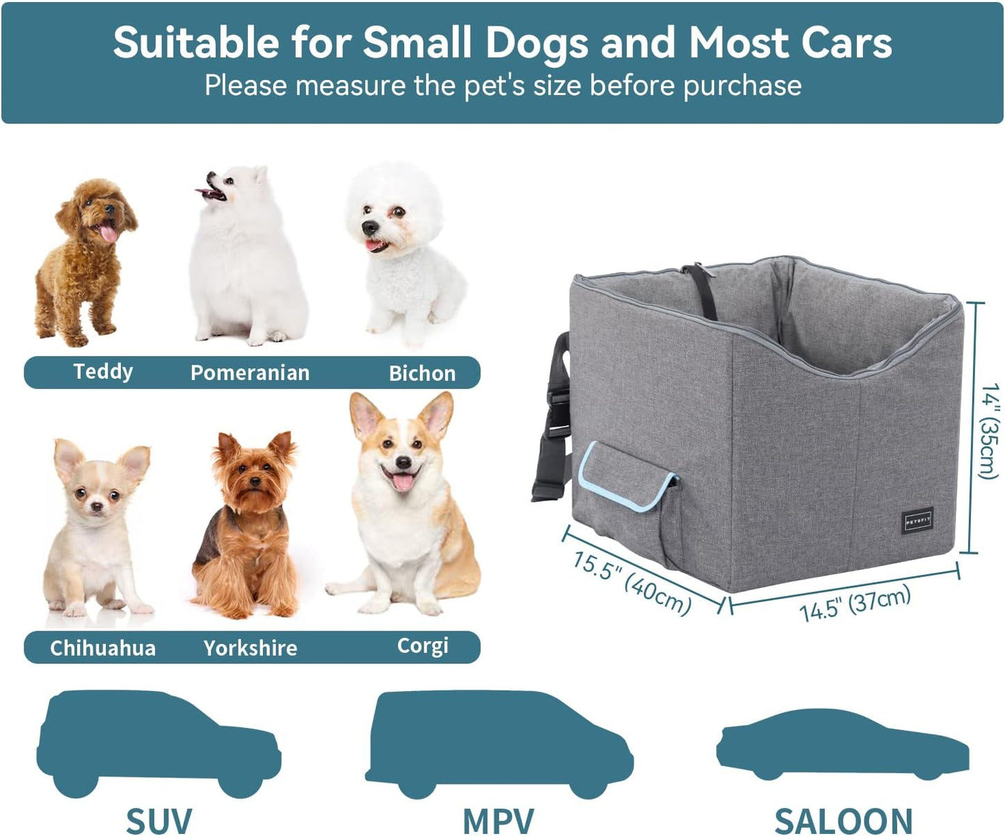 Comfort and Safety Combined: Small Dog Car Seat with Adjustable Safety Belt, Washable Double-Sided Cushion, and Convenient Storage Pocket in Light Grey