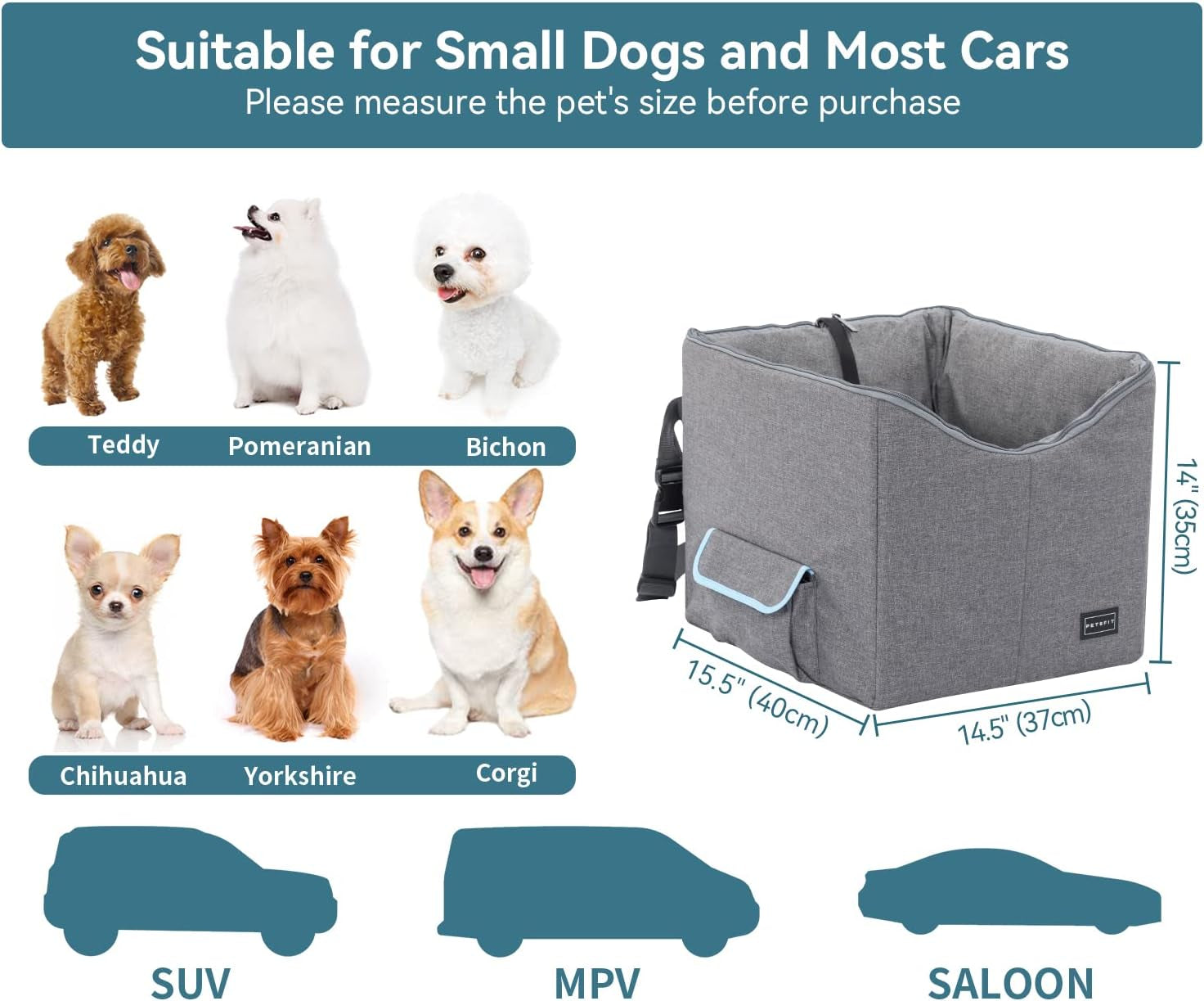 Comfort and Safety Combined: Small Dog Car Seat with Adjustable Safety Belt, Washable Double-Sided Cushion, and Convenient Storage Pocket in Light Grey