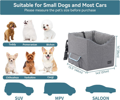 Comfort and Safety Combined: Small Dog Car Seat with Adjustable Safety Belt, Washable Double-Sided Cushion, and Convenient Storage Pocket in Light Grey
