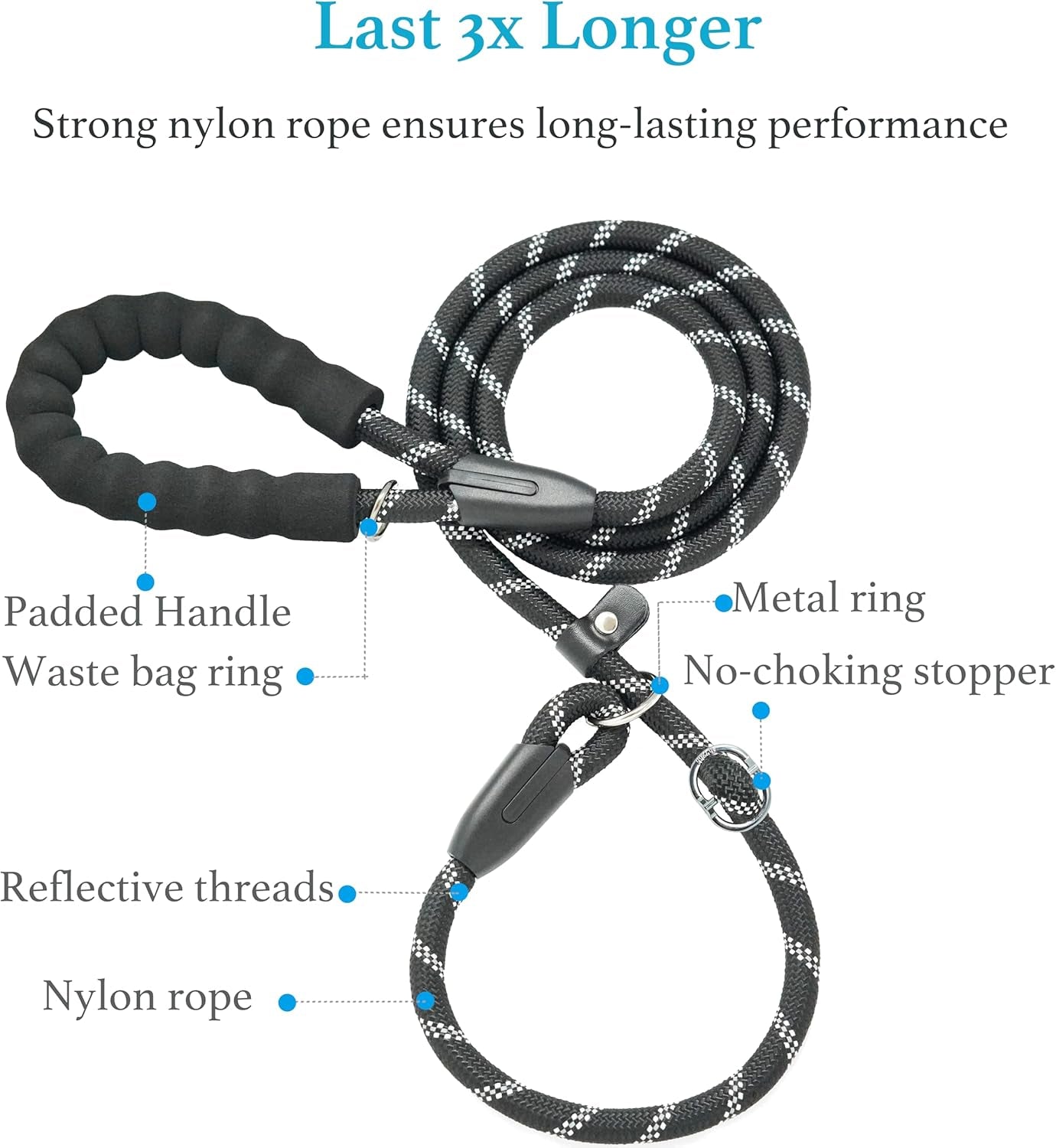 Ultimate Durable Slip Lead Dog Leash with Padded Handle and Reflective Threads - Perfect for Training and No-Pull Control (1/2" x 6 FT, Black)
