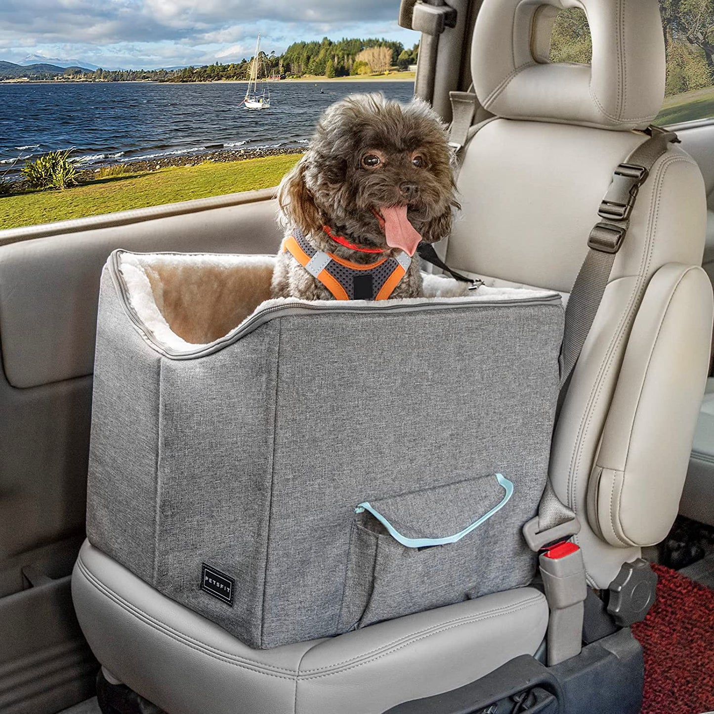 Comfort and Safety Combined: Small Dog Car Seat with Adjustable Safety Belt, Washable Double-Sided Cushion, and Convenient Storage Pocket in Light Grey