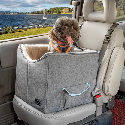 Comfort and Safety Combined: Small Dog Car Seat with Adjustable Safety Belt, Washable Double-Sided Cushion, and Convenient Storage Pocket in Light Grey