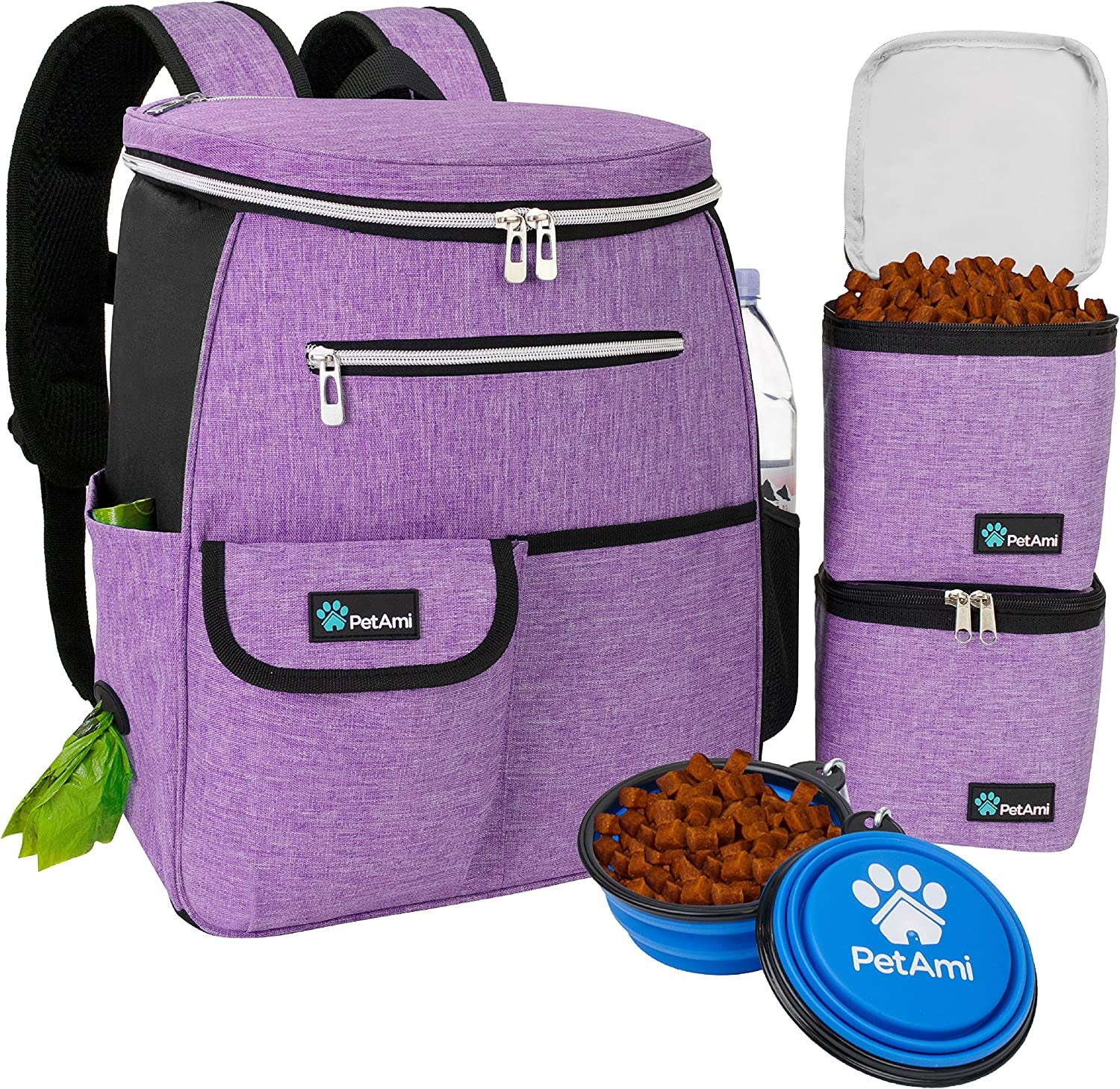 Ultimate Dog Travel Backpack: Airline Approved 27L Organizer with Food Containers, Collapsible Bowls & Poop Bag Dispenser - Perfect for Road Trips, Camping & Hiking - Stylish Purple Design for Pet Parents