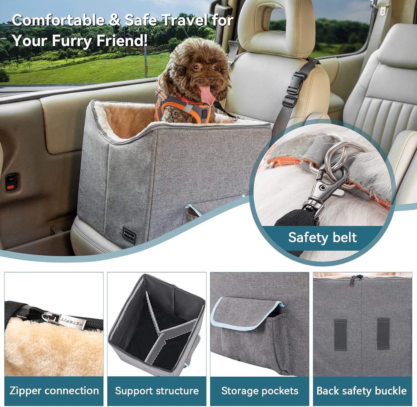Comfort and Safety Combined: Small Dog Car Seat with Adjustable Safety Belt, Washable Double-Sided Cushion, and Convenient Storage Pocket in Light Grey