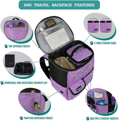 Ultimate Dog Travel Backpack: Airline Approved 27L Organizer with Food Containers, Collapsible Bowls & Poop Bag Dispenser - Perfect for Road Trips, Camping & Hiking - Stylish Purple Design for Pet Parents