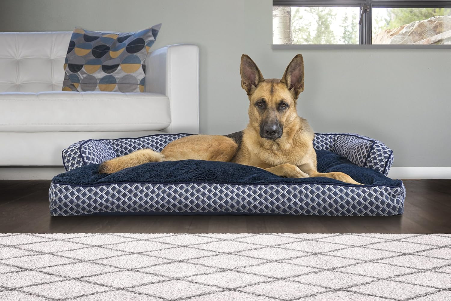 Luxurious Jumbo Dog Bed with Removable Bolsters & Washable Cover - Plush Diamond Blue Comfy Couch for Large Dogs and Cats