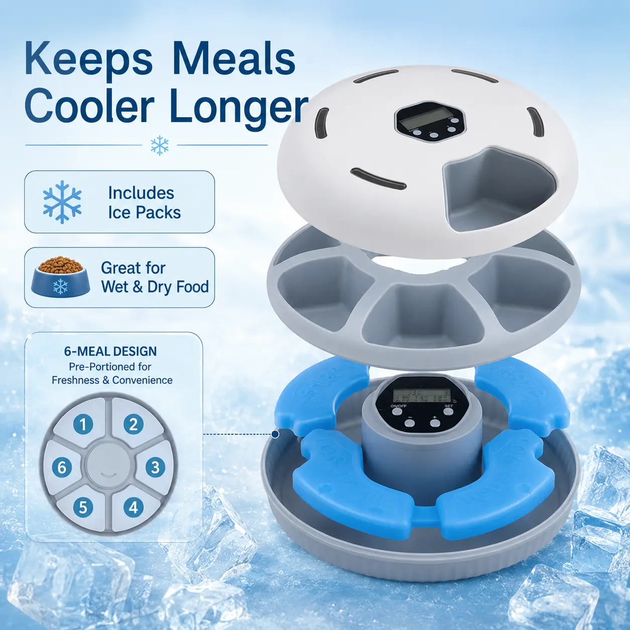 Revolutionize Mealtime with the 6-Meal Timed Automatic Cat Feeder - Indoor Detachable Rotating Food Dispenser for Cats and Small Dogs, Complete with Ice Packs and Battery Power!