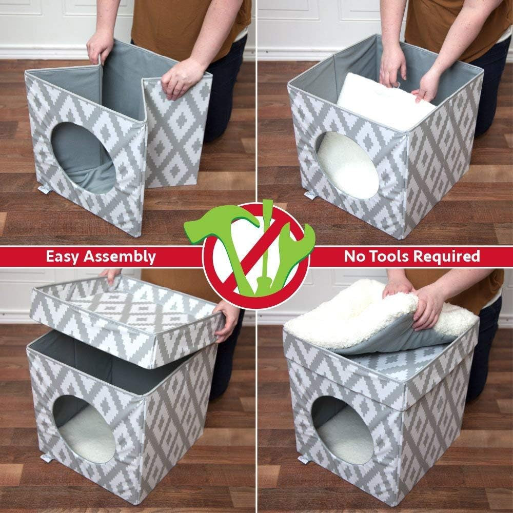 Cozy Indoor Cat Cube Furniture - Stylish White & Gray Cat Hideaway