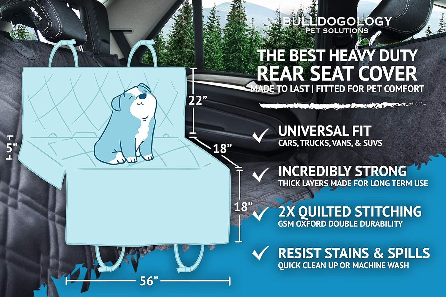 Premium Bulldogology Dog Car Seat Cover - 58"x56" Waterproof Hammock Style Protector for Back Seat - Ideal for SUVs and Trucks - Keep Your Car Clean and Your Pet Comfortable